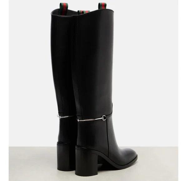 GUCCI Horsebit slim clamp web stripe trimmed knee tall boots - Picture 4 of 7